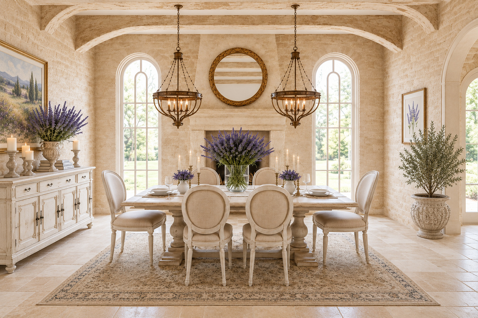 Luxury French Country Dining Room with Double Chandeliers and Arched Alcoves